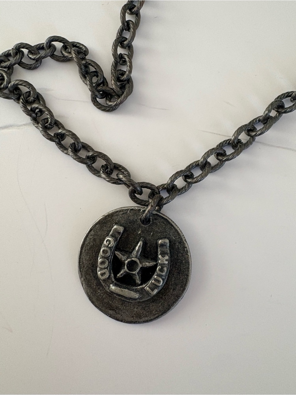 Good Luck Horseshoe Pendant Necklace - Blackened Silver Tone